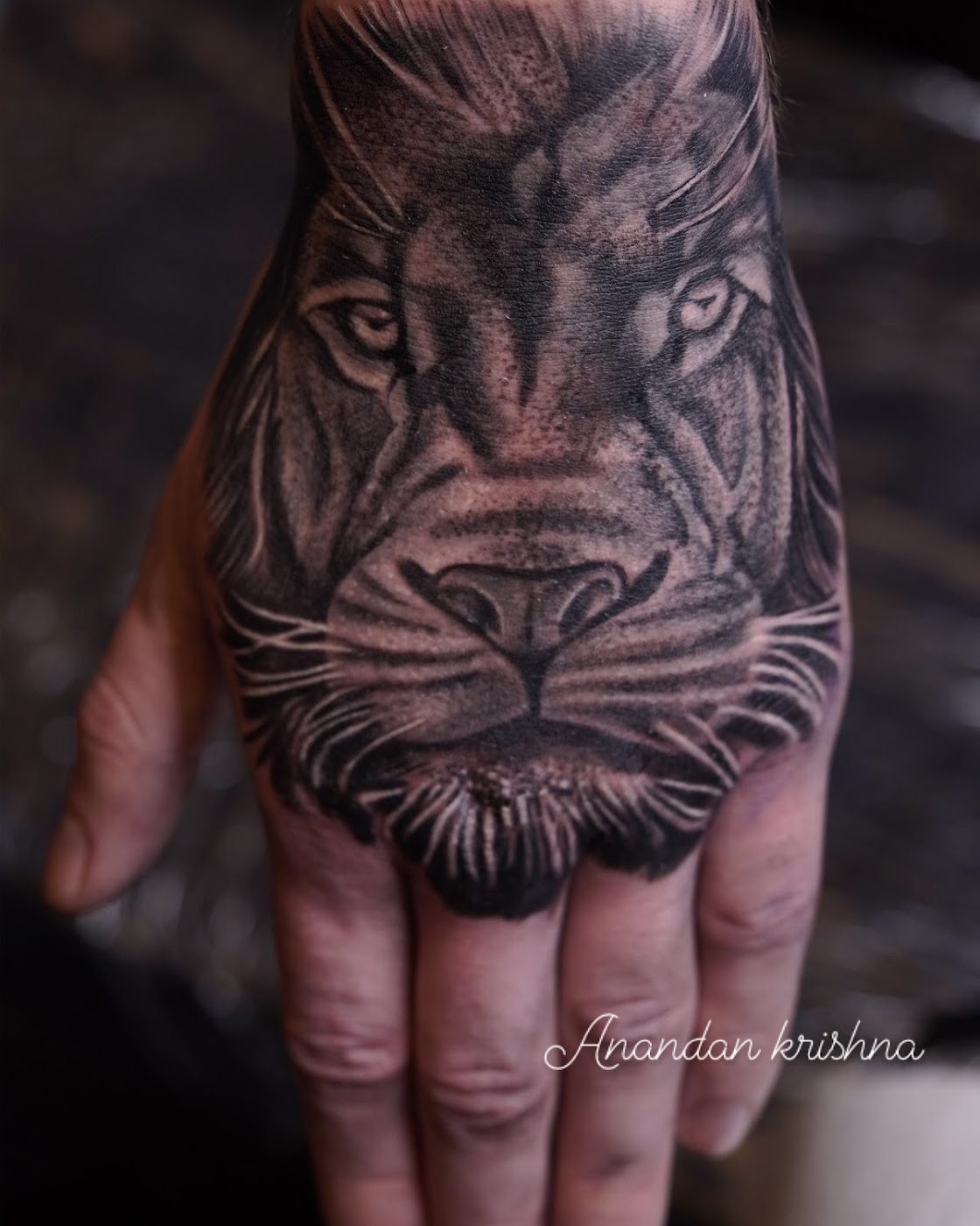 Photorealistic black-and-grey lion tattooed on the back of a hand at Divine Arts Tattoos.